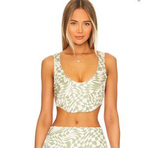 For Love & Lemons Crop Top Nomi Tank Green Pink Distorted Checker Print Lace Up